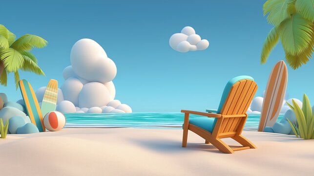 Relaxing beach scene with lounge chair and surfboards