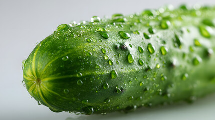 Close-up of a Fresh Green Cucumber Covered in Water Droplets on a Light Gray Background
