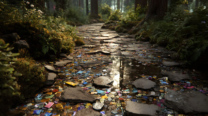 Stone path through a sun-dappled forest, littered with colorful trash