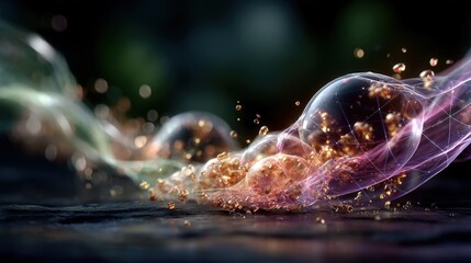 Abstract holographic bio-tech bubbles with VR grid overlay isolated on dark background. Generative AI