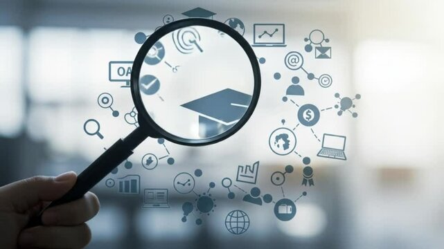 Hand holding a magnifying glass over graduation cap with various icons and network connections around it