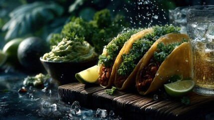 Cinco de Mayo Mexican food celebration with tacos guacamole and margaritas. Generative AI