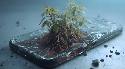 Nature reclaiming technology A plant sprouts from a shattered smartphone screen, symbolizing digital detox and ecological resurgence