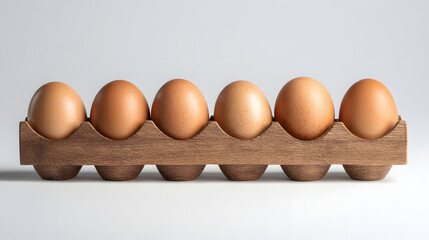 Six brown eggs neatly arranged in a wooden carton, ready for cooking and baking, showcasing natural freshness and quality ingredients