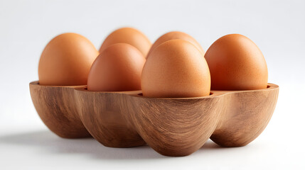 Brown eggs nestled in a stylish wooden egg holder, showcasing natural texture and simple elegance