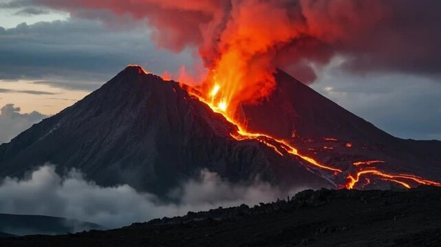 Detailed erupting volcano with glowing lava, dramatic cloudy sky, rugged terrain, cinematic lighting, epic scale, awe-inspiring natural phenomena, hyper-realistic 8K digital art &ndash; video download