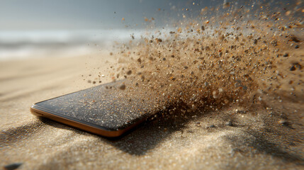 Smartphone half buried in sand with a gust of wind blowing the sand around it on a beach