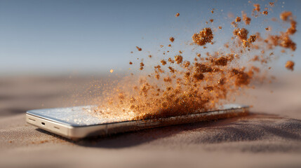 A smartphone lies partially buried in sand, with dust and debris exploding outwards from its screen in a dramatic, destructive moment