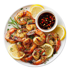 A plate of grilled shrimp with lemon wedges and a small bowl of dark dipping sauce on a white plate