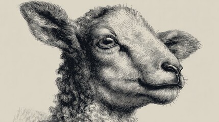 Detailed close-up of a sheep's head, featuring intricate shading and realistic fur texture