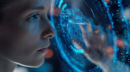 A focused woman interacts with a glowing, futuristic holographic interface, analyzing complex digital data in a high-tech environment, symbolizing innovation and digital discovery