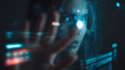 Futuristic digital interface and technology user, with glowing blue lights reflecting in the eyes of a person reaching out to touch the screen