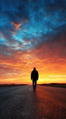 Fototapeta premium Lone silhouette on endless road at vibrant sunset, symbolizing soul journey and search for meaning