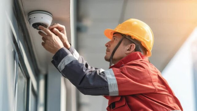 Security System Installation: A skilled technician, wearing safety attire, meticulously installs a modern security camera, ensuring optimal surveillance and protection.