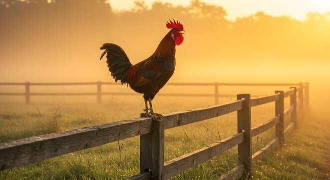 A vibrant rooster stands proudly on a rustic wooden fence, crowing at sunrise in a peaceful countryside setting