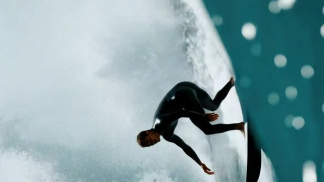 Ocean Rider's Grace: A surfer fearlessly carves through a towering wave, captured mid-action, exuding power, skill, and the thrill of the ride. A symphony of motion, foam, and the endless ocean.