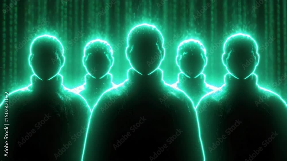 Poster Glowing Figures in the Digital Realm: Enigmatic, illuminated figures emerge from a sea of binary code, hinting at the convergence of human form and digital innovation.