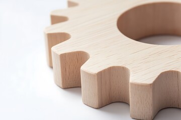 Close-up of a wooden gear on a white background, showcasing intricate craftsmanship and industrial potential