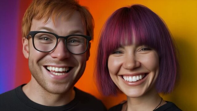 A man with short red hair and glasses wearing black and a woman with a purple-pink bob haircut and bangs