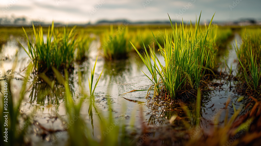 Poster close up view of green grass growing in a flooded field with a blurred background under a cloudy sky