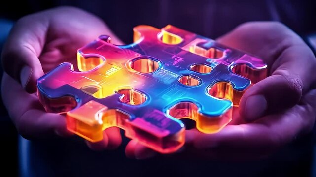 Illuminated puzzle piece held in hands, symbolizing connection and solutions