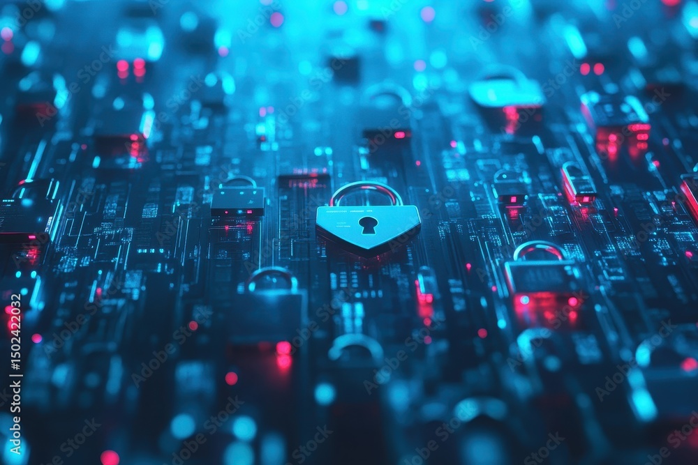 Poster digital security concepts featuring padlock and key icons in a data-rich environment, nkey and padlo