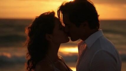 Golden Kiss at Sunset: A couple's embrace, silhouetted against a fiery sunset over the ocean, epitomizing romantic bliss and the quiet intimacy of a shared moment. - Powered by Adobe
