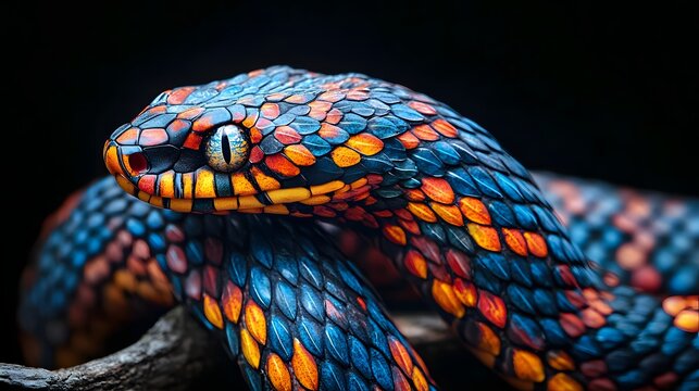 Snake with Colorful Patterns: A close-up of a snake with intricate, colorful patterns on its scales.
