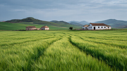 Obraz premium A scenic view of a green wheat field with farmhouses and rolling hills against a cloudy sky backdrop