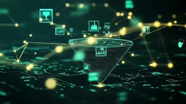 Data visualization A funnel displaying interconnected data points and various symbols representing different data types on a circuit board-like background
