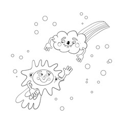Sun and rainy cloud characters, outline doodle illustration for children’s coloring book. Perfect for playful children’s projects, prints, and decorations.
