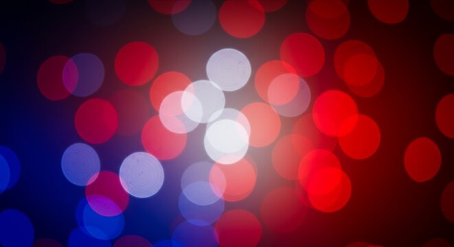 Bokeh background with red, white, blue lights, festive vibe.