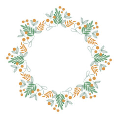Round frame with botanical elements, featuring a gold and green color palette, includes copy space. Perfect for wedding decorations, summer and spring projects, invitations, greeting cards, posters
