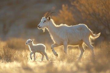 Obraz premium Mother goat and kid running in golden light