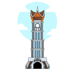 Vector illustration of Jam Gadang, the iconic clock tower in Bukittinggi, West Sumatra, Indonesia, known for its unique architecture and cultural significance.