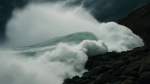 Dramatic video still of massive waves crashing against rocky cliffs under stormy skies, captured from a low-angle perspective, emphasizing nature's power. Live desktop wallpaper.