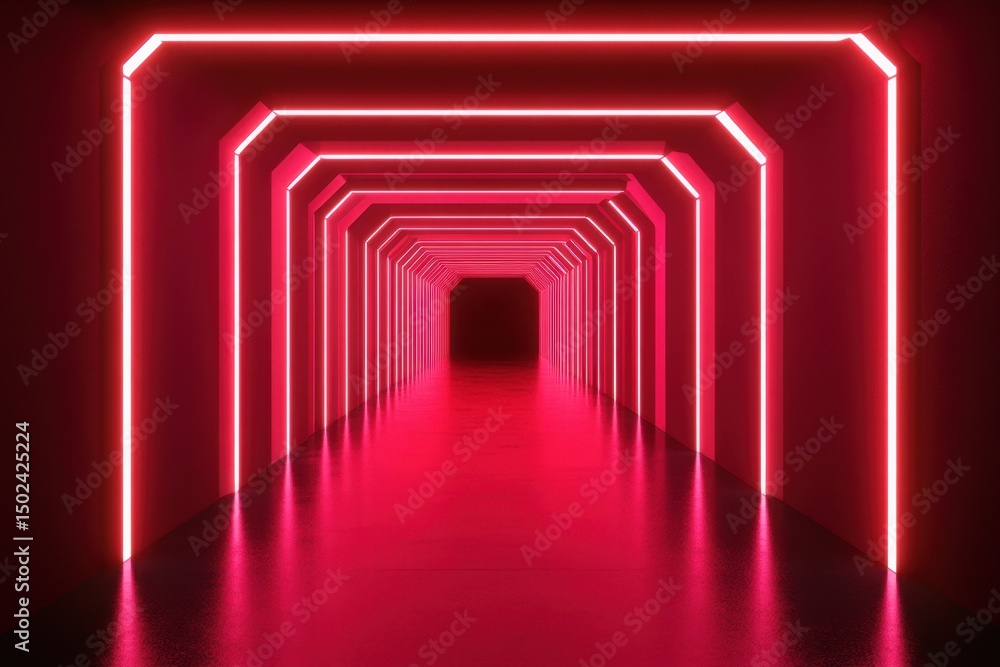 Poster Digital tunnel filled with vibrant red neon shapes against black background creates a striking visual effect, digital tunnel of red neon shapes on black background