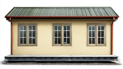 Concrete house with three windows and metal roof. Generative AI