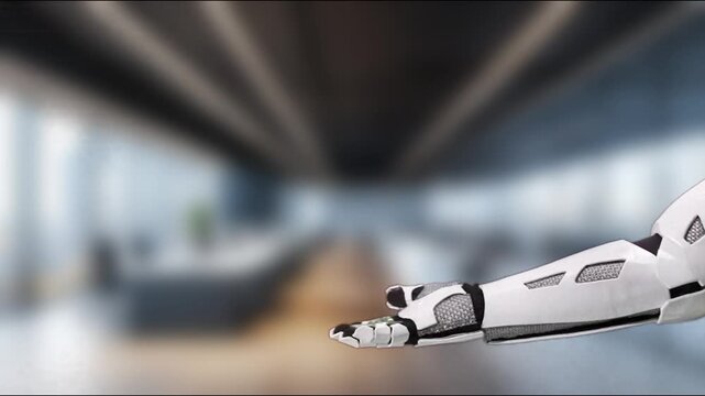 A sleek robotic hand tossing coins in a contemporary office, representing the fusion of technology and finance, highlighting innovation and growth in business sectors. MZL