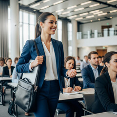 business people working together in office. Young happy businesswoman attending a seminar in conference hall. businesswoman in a meeting.