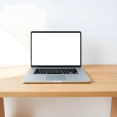 Fototapeta premium Blank Laptop Screen on Wooden Desk Modern Workspace Mockup