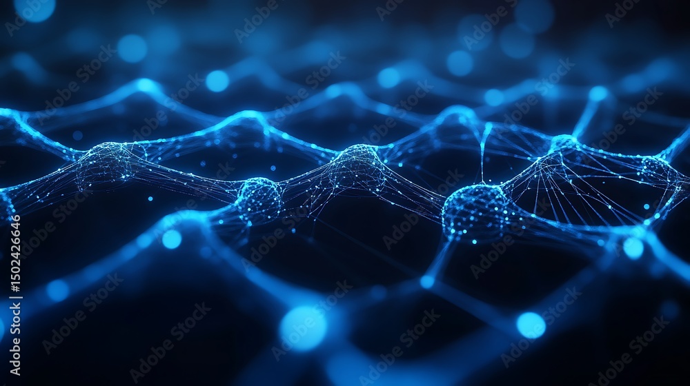 Aufkleber Abstract Blue Glowing Network Structure on Dark Backdrop, Molecular Link Design
