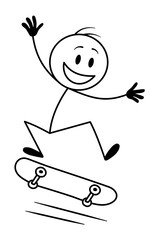 Cartoon stick figure skater performing trick on skateboard. illustration of extreme sports action and movement.