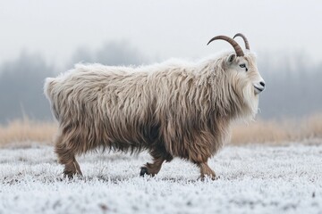 Obraz premium Fluffy mountain goat in frosted field