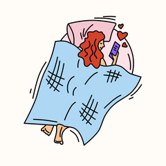 illustration of girl in bed with phone. Color print on white background