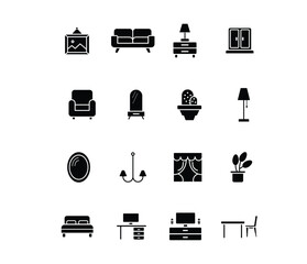 Set of solid icons related to home interior. Modern furniture icon set - minimalist linear style for home decor projects. Vector illustration.
