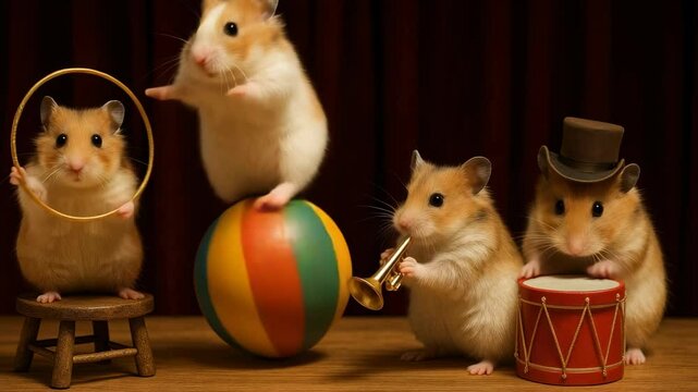 Whimsical video of hamsters in a circus act, shot at eye level. Features a hamster balancing on a ball, others with props like a trumpet and drum.