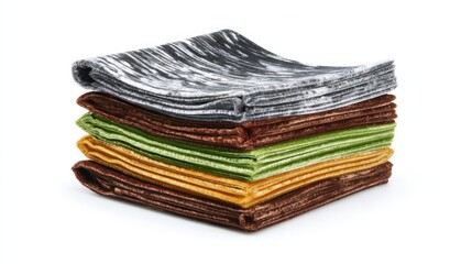 Stack of colorful velvet fabric pieces on white. Generative AI