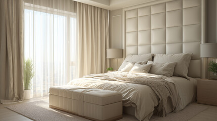 Daylit bedroom with soft beige palette