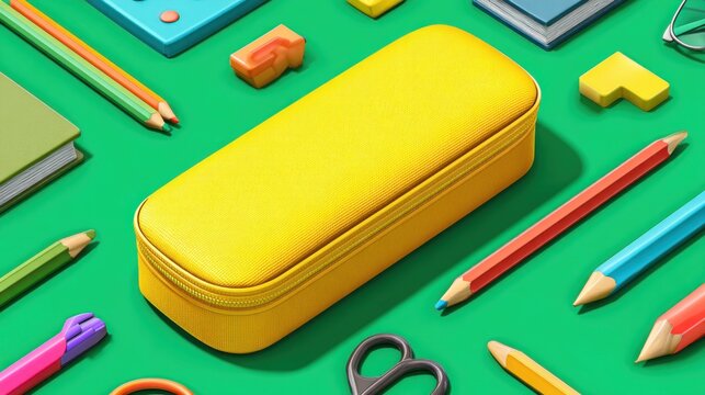 Bright yellow pencil case surrounded by school supplies - Powered by Adobe